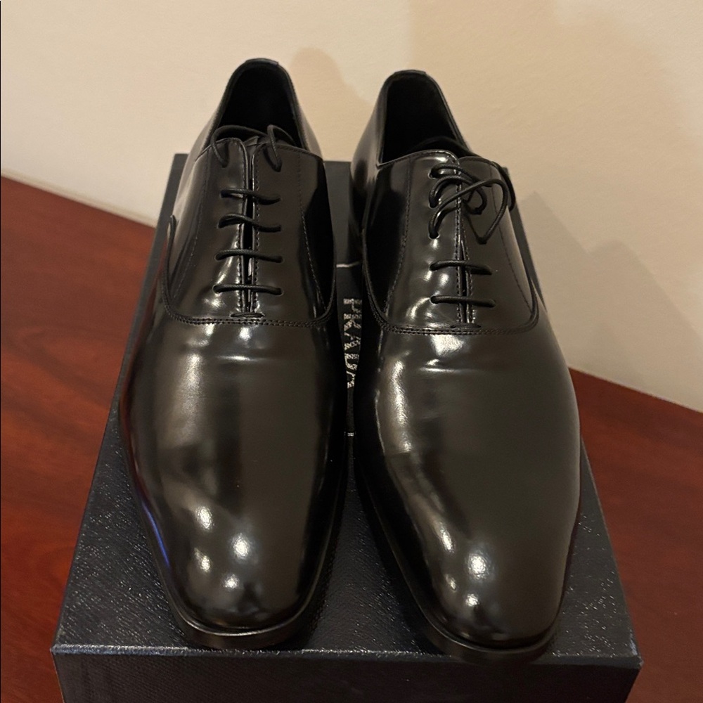 PRADA Spazzolato Fume’ Plain Toe Black Derby Sz.7 - Picture 3 of 16